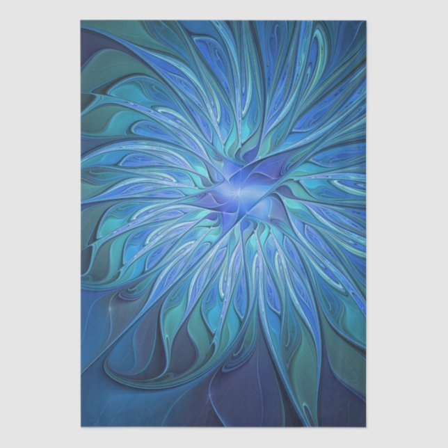 Blue Flower Fantasy Pattern, Abstract Fractal Art Tissue Paper (Front)