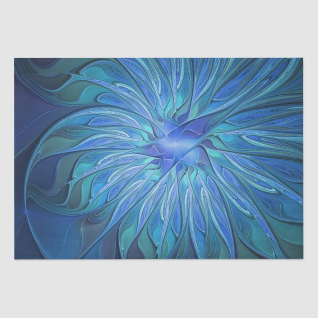 Blue Flower Fantasy Pattern, Abstract Fractal Art Tissue Paper (Front)