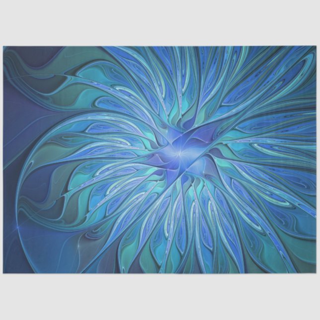 Blue Flower Fantasy Pattern, Abstract Fractal Art Tissue Paper (Front)