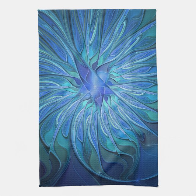 Blue Flower Fantasy Pattern, Abstract Fractal Art Towel (Vertical)