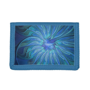 Blue Flower Fantasy Pattern, Abstract Fractal Art Tri-fold Wallet