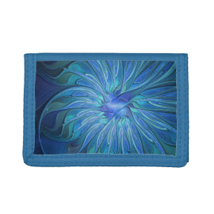 Blue Flower Fantasy Pattern, Abstract Fractal Art Trifold Wallet