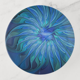 Blue Flower Fantasy Pattern, Abstract Fractal Art Trinket Tray