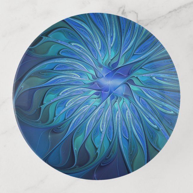Blue Flower Fantasy Pattern, Abstract Fractal Art Trinket Tray (Front)