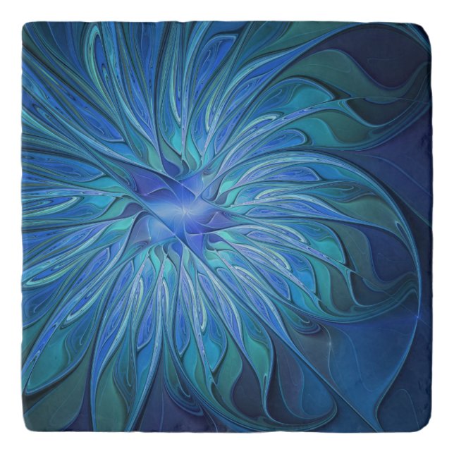 Blue Flower Fantasy Pattern, Abstract Fractal Art Trivet (Front)