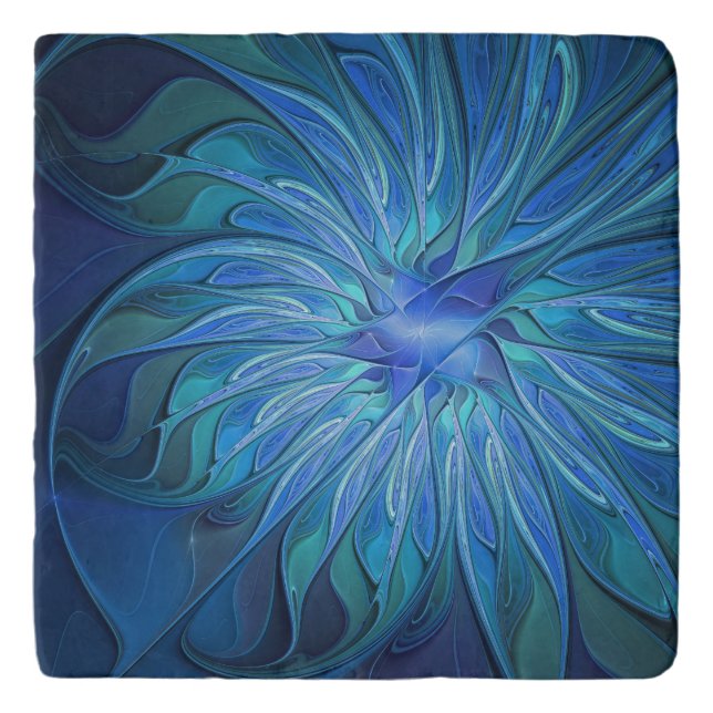 Blue Flower Fantasy Pattern, Abstract Fractal Art Trivet (Front)
