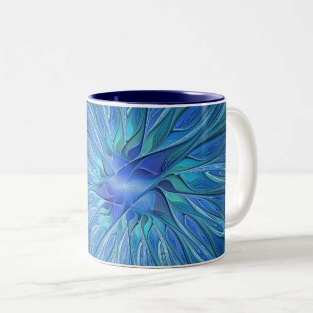 Blue Flower Fantasy Pattern, Abstract Fractal Art Two-Tone Coffee Mug (Front Right)