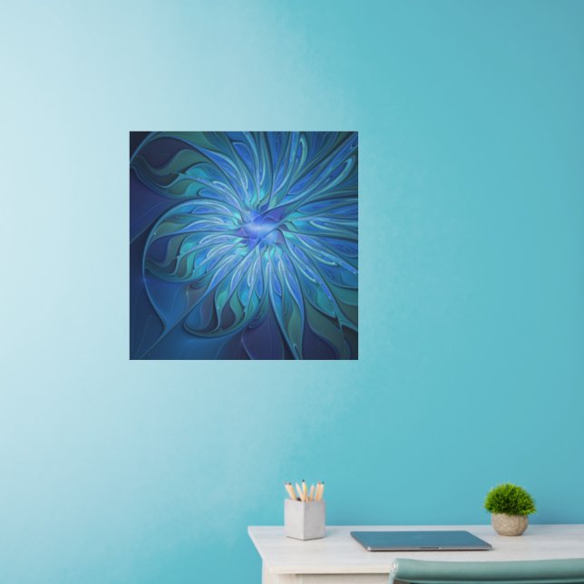 Blue Flower Fantasy Pattern, Abstract Fractal Art Wall Decal (Home Office)