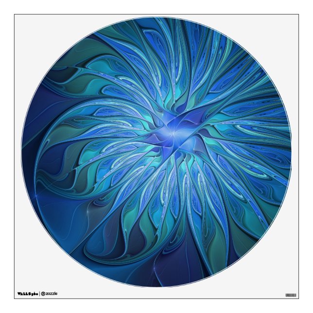 Blue Flower Fantasy Pattern, Abstract Fractal Art Wall Decal (Front)