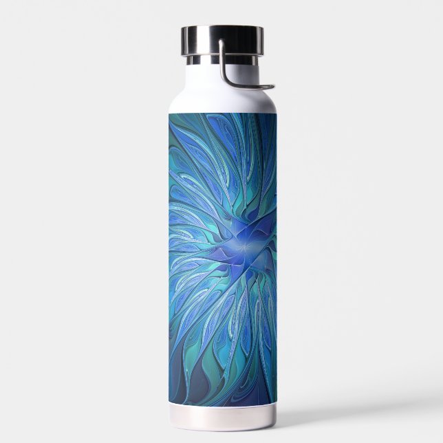 Blue Flower Fantasy Pattern, Abstract Fractal Art Water Bottle (Left)
