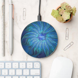 Blue Flower Fantasy Pattern, Abstract Fractal Art Wireless Charger