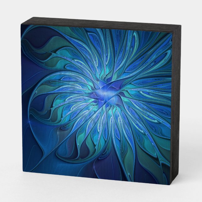 Blue Flower Fantasy Pattern, Abstract Fractal Art Wooden Box Sign (Angled Horizontal)