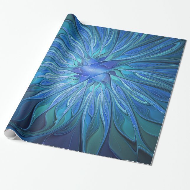 Blue Flower Fantasy Pattern, Abstract Fractal Art Wrapping Paper (Unrolled)