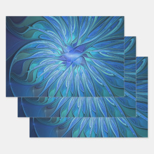Blue Flower Fantasy Pattern, Abstract Fractal Art Wrapping Paper Sheets