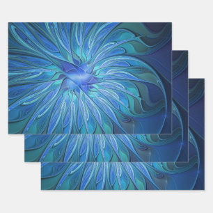 Blue Flower Fantasy Pattern, Abstract Fractal Art Wrapping Paper Sheets
