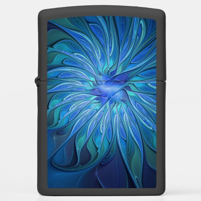 Blue Flower Fantasy Pattern, Abstract Fractal Art Zippo Lighter (Front)