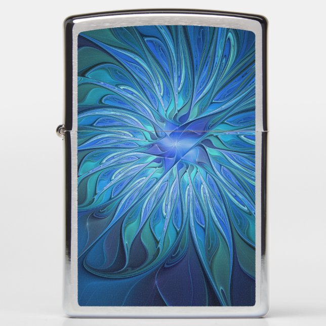 Blue Flower Fantasy Pattern, Abstract Fractal Art Zippo Lighter (Front)
