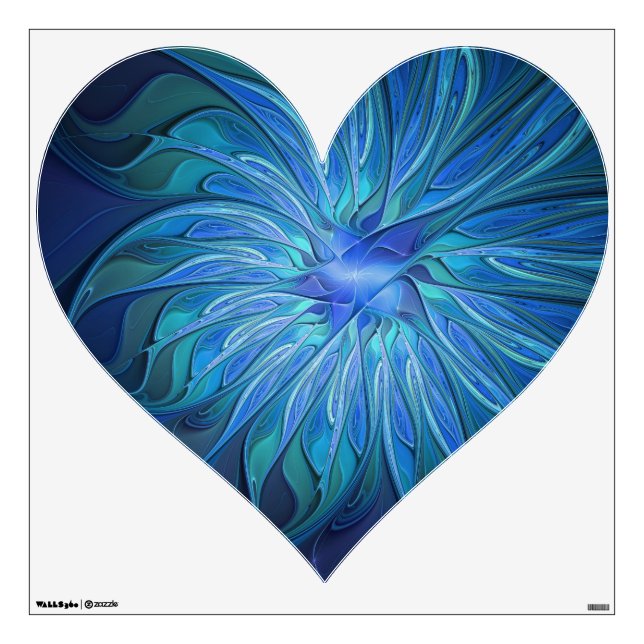 Blue Flower Fantasy Pattern Abstract Fractal Heart Wall Decal (Front)