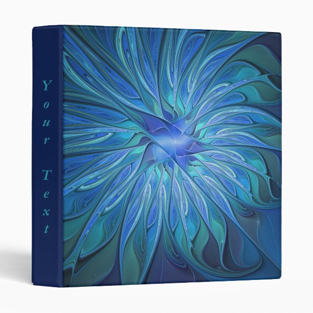 Blue Flower Fantasy Pattern, Abstract Fractal Text 3 Ring Binder (Front/Spine)