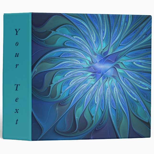 Blue Flower Fantasy Pattern, Abstract Fractal Text 3 Ring Binder (Front/Spine)