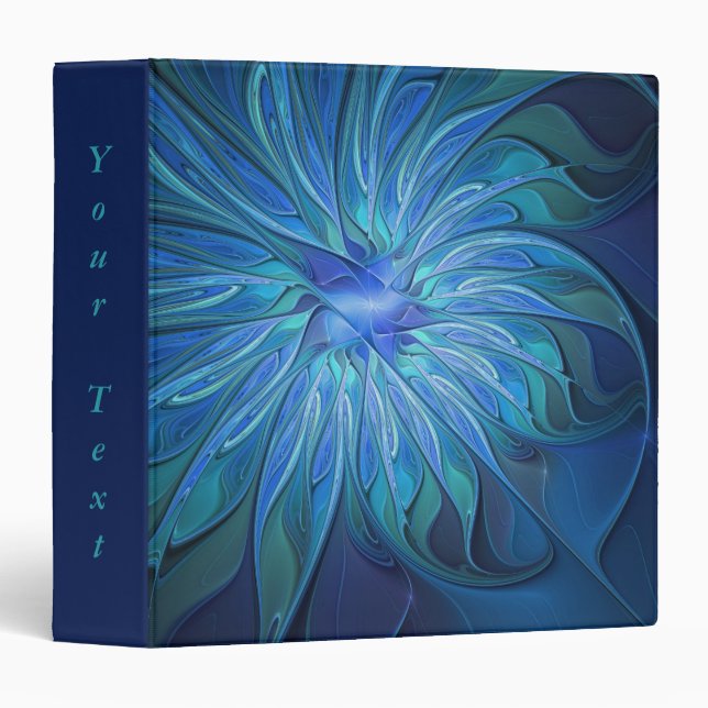 Blue Flower Fantasy Pattern, Abstract Fractal Text 3 Ring Binder (Front/Spine)