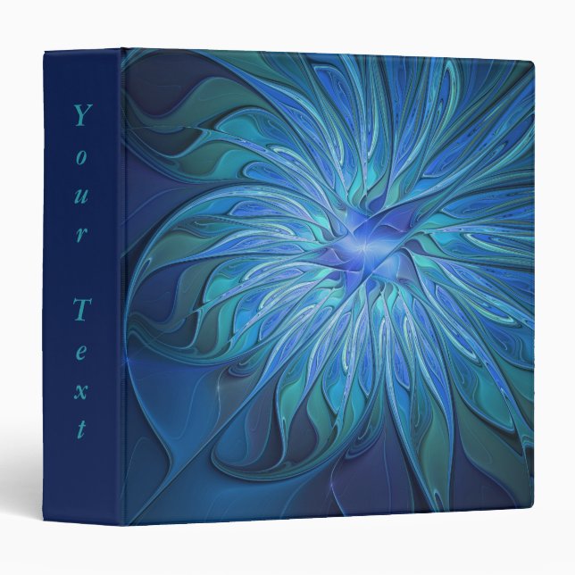 Blue Flower Fantasy Pattern, Abstract Fractal Text 3 Ring Binder (Front/Spine)