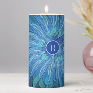 Blue Flower Fantasy Pattern Fractal Art Monogram Pillar Candle
