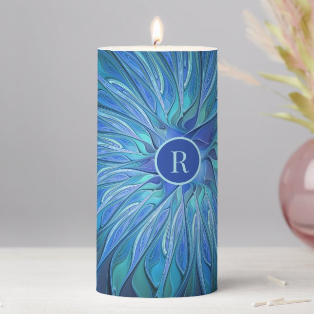 Blue Flower Fantasy Pattern Fractal Art Monogram Pillar Candle (In Situ)