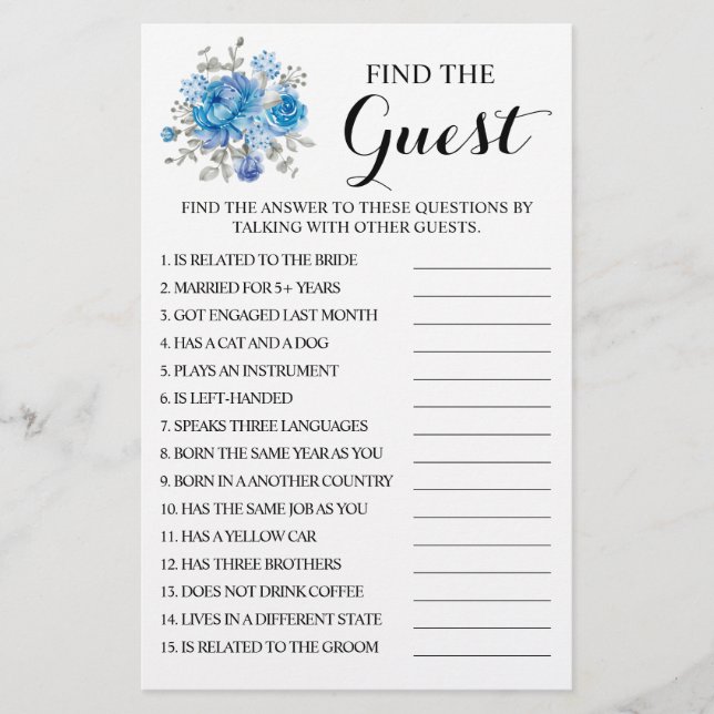 Blue Flower Find the Guest Bridal Shower Game Card Flyer (Front)