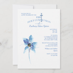Blue Flower First Holy Communion Invitation