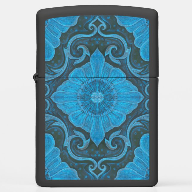 "Blue flower” floral arabesque pattern Zippo Lighter (Front)