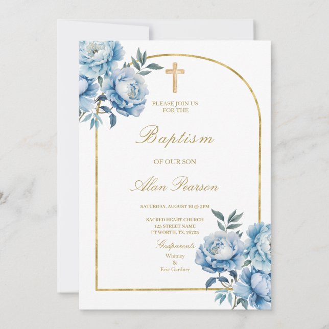 Blue flower Floral boy baptism Invitation (Front)