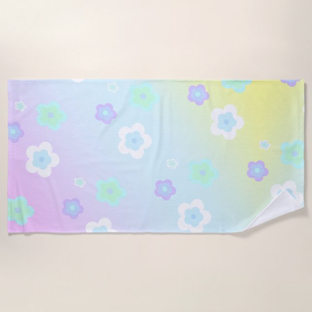 Blue Flower floral Gradient colorful Pattern Beach Towel (Front)