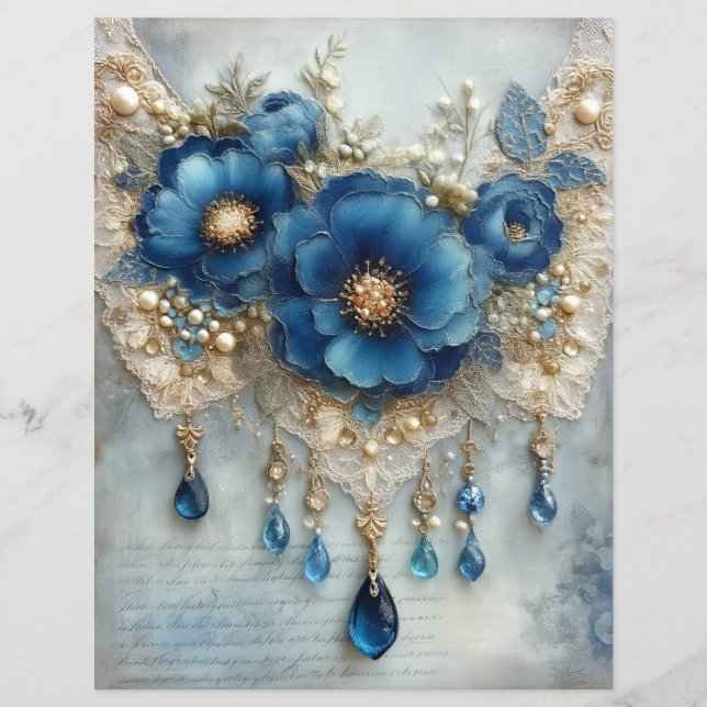 Blue Flower Gems Junk Journal Scrapbook Paper (Front)