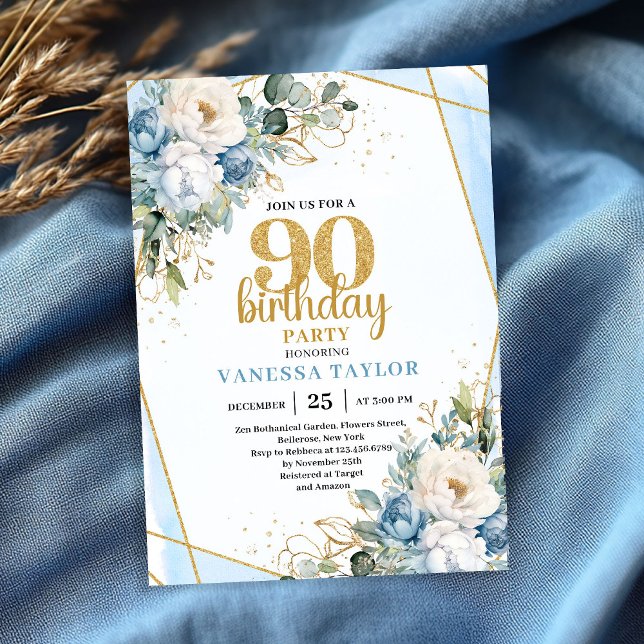 Blue Flower Gold Accent 90th Birthday Party Invite (Blue Flower Gold Accent 90th Birthday Party Invite)