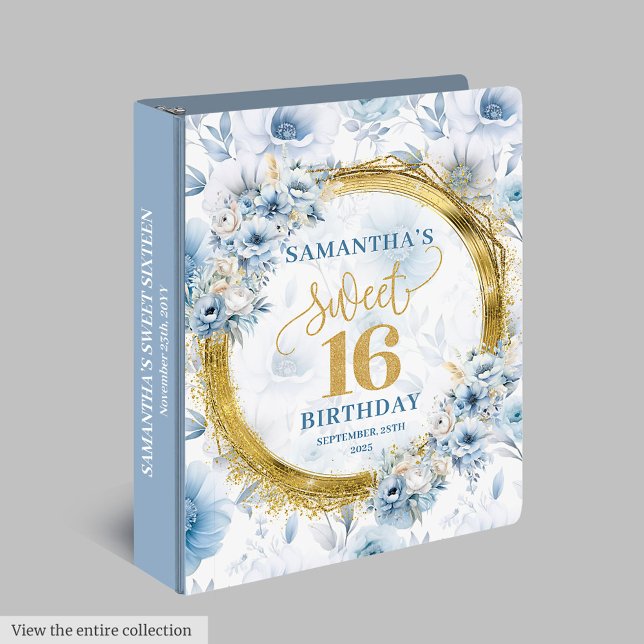Blue Flower Gold Glitter Sweet Sixteen Ring Binder (Blue Flower Gold Glitter Sweet Sixteen Ring Binder)