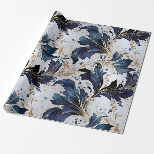 blue flower golden line with white background  wrapping paper