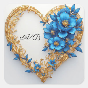 💍 Blue Flower Heart Wreath For Couples & Weddings Square Sticker