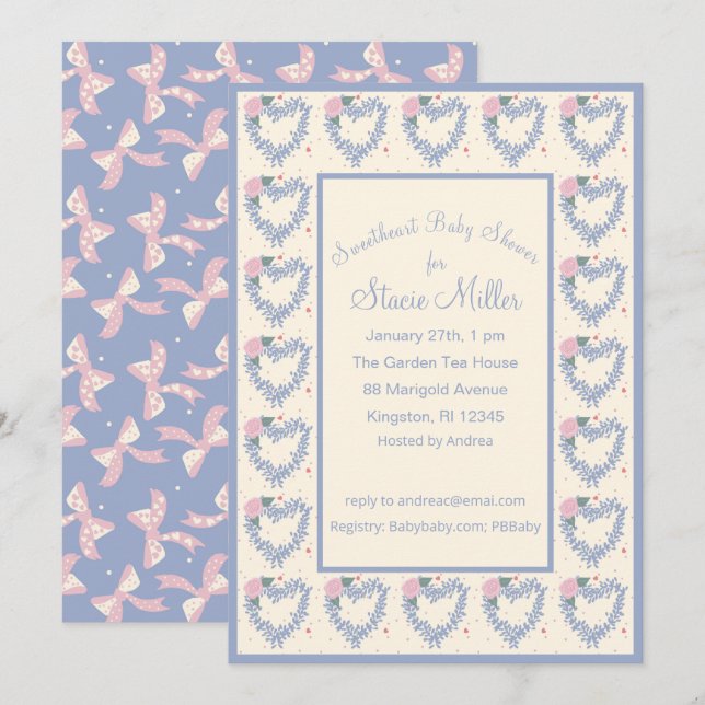 Blue Flower Hearts and Bows Baby Shower Invitation (Front/Back)