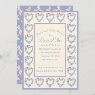 Blue Flower Hearts and Bows Baby Shower Invitation