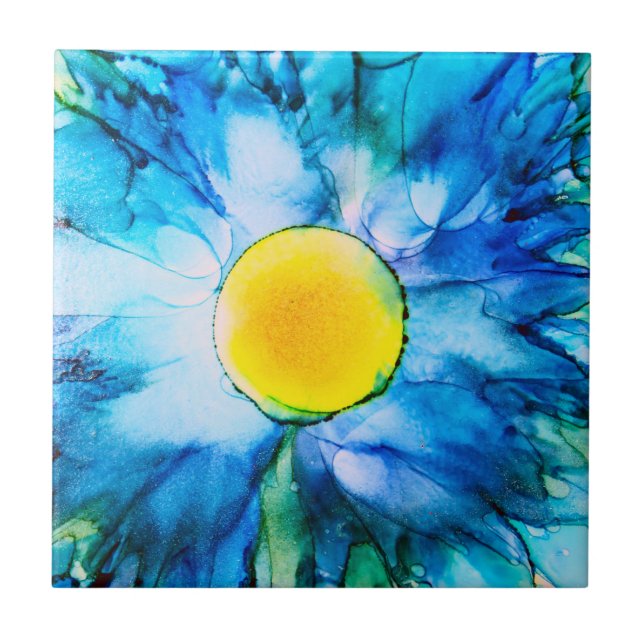 Blue Flower in Alcohol Inks Ceramic Tile (Front)