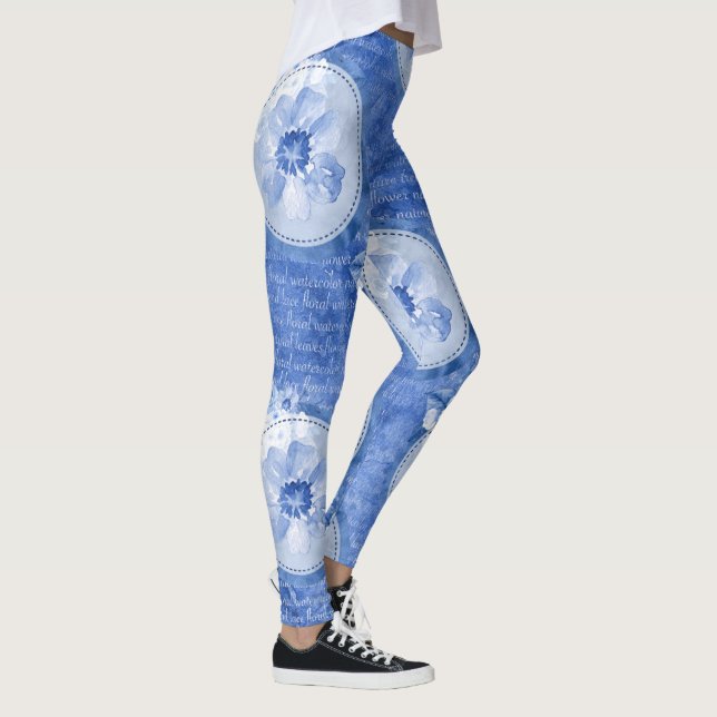 Blue Flower Leggings - Floral Print Yoga Pants (Right)