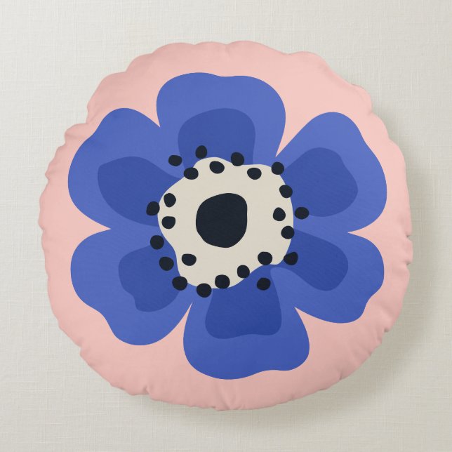 Blue flower light pink round pillow (Front)