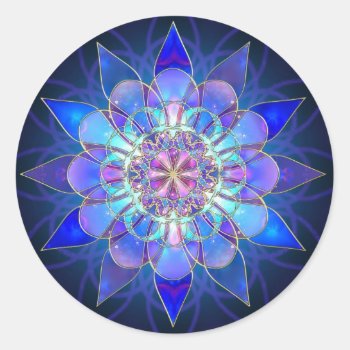 Blue Flower Mandala Fractal Classic Round Sticker by stargiftshop at Zazzle