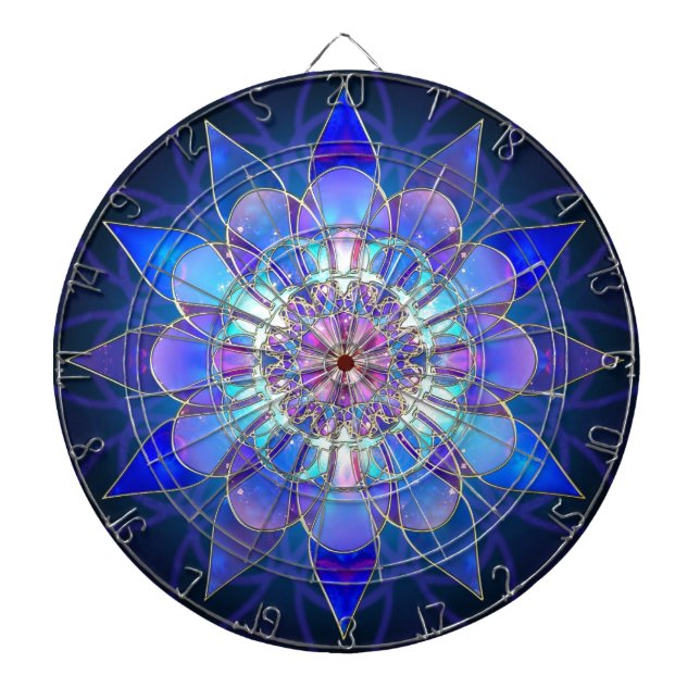 Blue Flower Mandala Fractal Dartboard With Darts (Front)