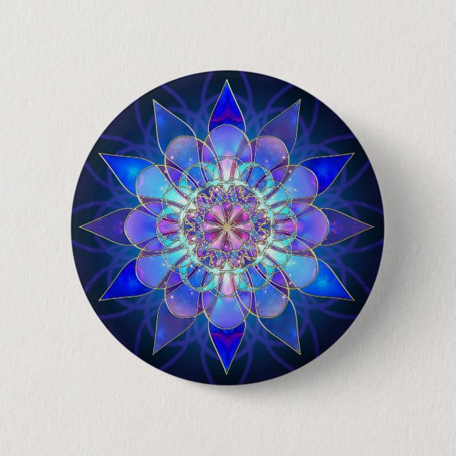 Blue Flower Mandala Fractal Pinback Button (Front)