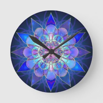 Blue Flower Mandala Fractal Round Clock by stargiftshop at Zazzle