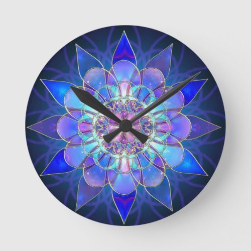 Blue Flower Mandala Fractal Round Clock