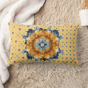 Blue Flower Mandala, Yellow Lumbar Pillow