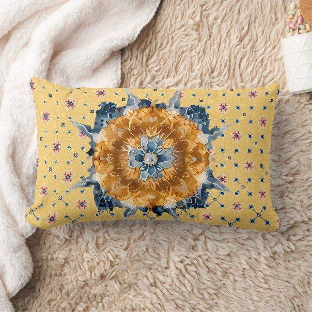 Blue Flower Mandala, Yellow Lumbar Pillow (Blanket)